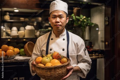 Generative AI image of Chinese male in chef clothes while standing with basket of fresh fruits ...