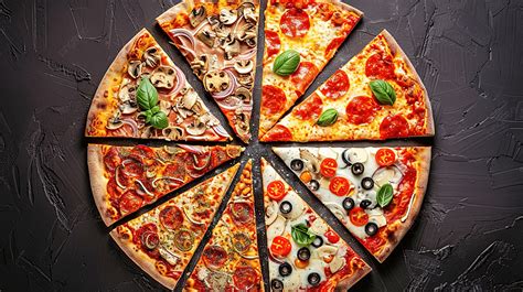 Variety Of Pizza Slices Top View On Dark Background Variety Pizza