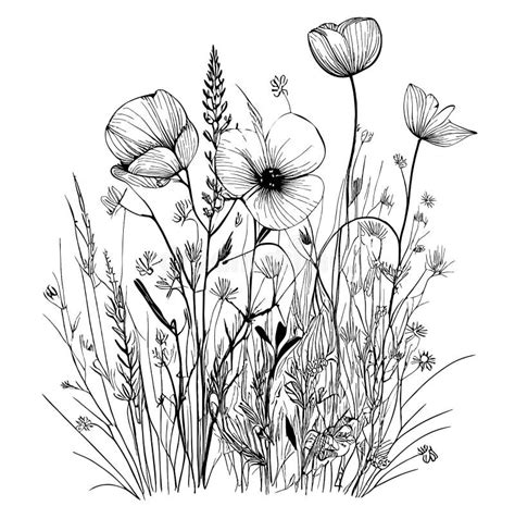 Wild Wildflowers Hand Drawn Sketch In Doodle Style Vector Illustration