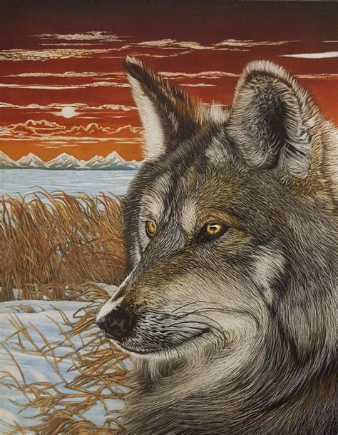 A Painting Of A Wolf Sitting In The Snow Looking Out At The Sunset And