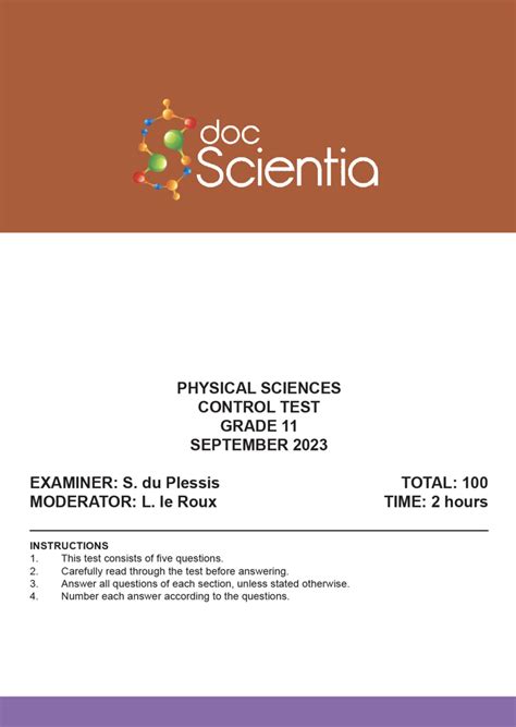 Gr 11 Physical Sciences Test And Memo September 2023