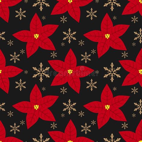 Poinsettia Christmas Flowers And Snowflakes Seamless Pattern Stock