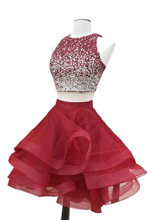 Two Pieces Homecoming Dresses Burgundy Homecoming Dresses Beaded