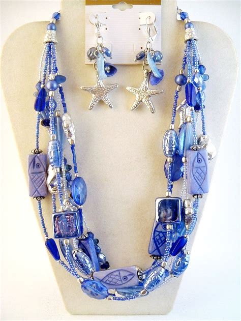 Blue Fish Sea Star Starfish Glass Beads Multi Layer Necklace Earrings