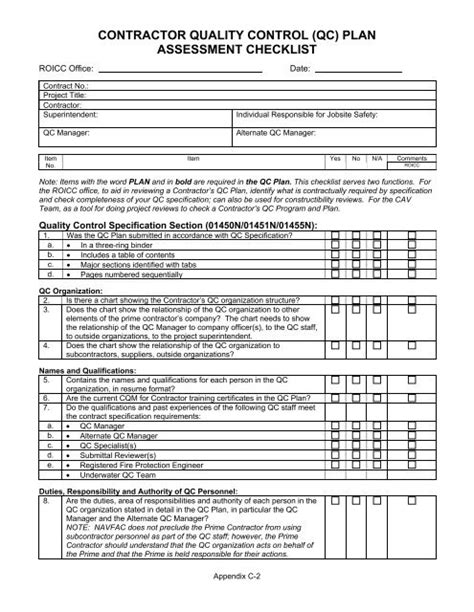 Contractor Quality Control Qc Plan Assessment Checklist