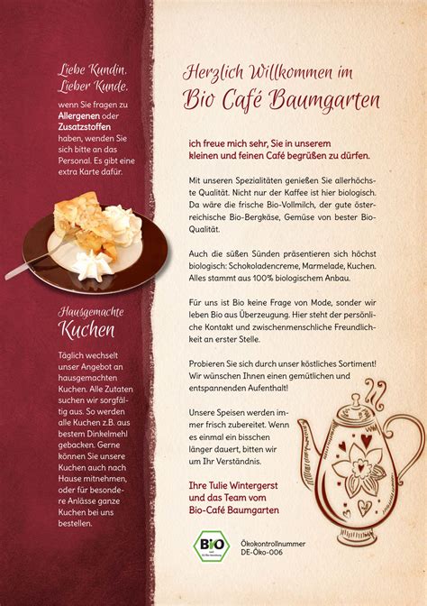 Speisekarte Bio Cafe Baumgarten