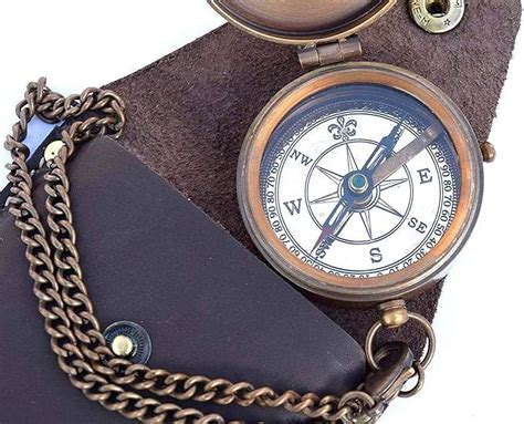 Engravable Compass Nautical Pocket Brass Compass With Leather Carry