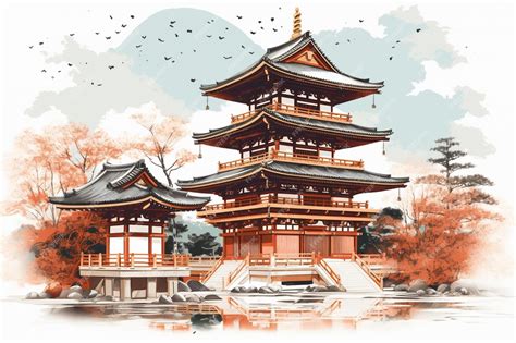 Premium AI Image | A drawing of a japanese temple in a landscape