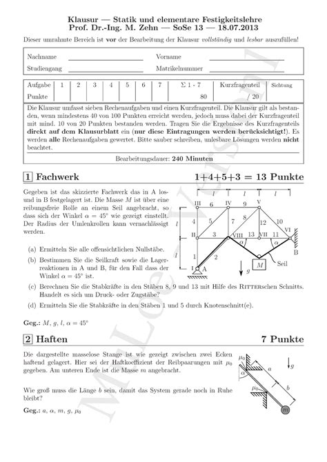 Statik und Elementare Festigkeitslehre Klausur So Se13 musterlösungen
