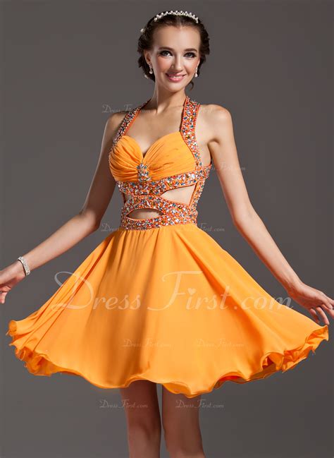 A Lineprincess Halter Knee Length Chiffon Homecoming Dress With Ruffle