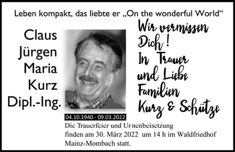 Traueranzeigen von Claus Jürgen Maria Kurz vrm trauer de