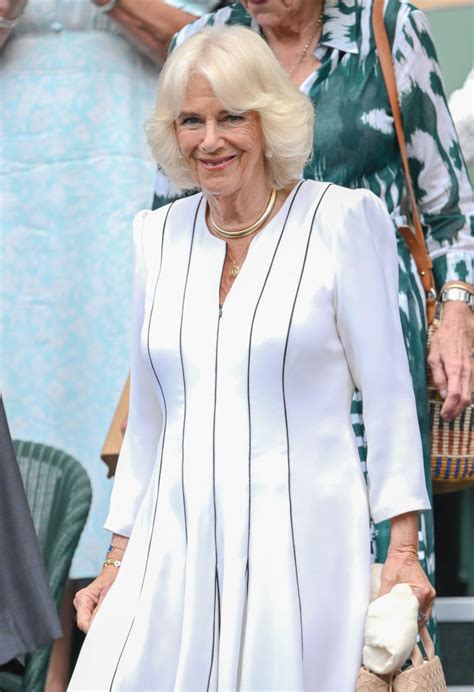 Queen Camilla Wears Striped White Dress & Sunglasses at Wimbledon 2023