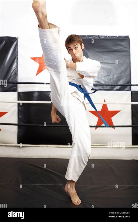 Roundhouse Kick Full Length Shot Of A Young Martial Artist Practicing