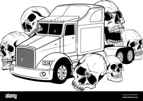 Monochrome Semi Truck With Human Skulls Around Vector On White