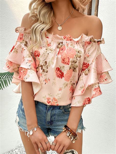 SHEIN WYWH Floral Print Off Shoulder Ruffle Trim Flounce Sleeve Blouse