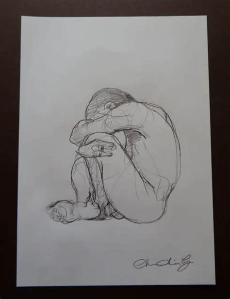 Pencil Sketch Life Drawing Of A Male Nude In A Floor Seated Crouching