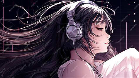 Relaxed Anime Girl In Headphones Listening To Music Premium Ai Generated Image