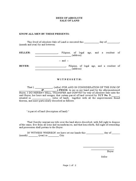 Deed Of Absolute Sale Of Real Property Sample Templates Sample Printables