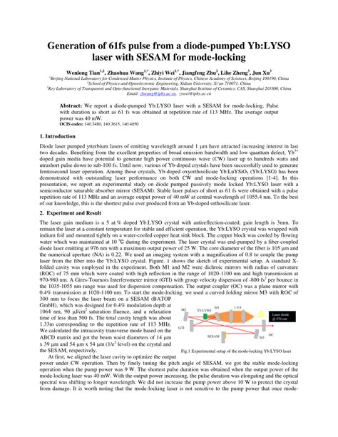 Pdf Generation Of Fs Pulse From A Diode Pumped Yb Lyso Laser With