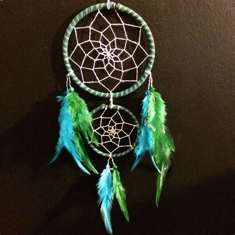 Blue And Green Double Dream Catcher White Web Blue Green Feathers And