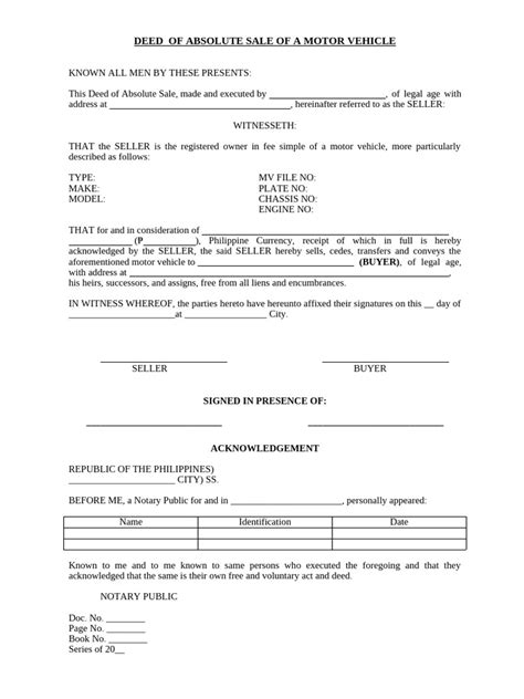 Deed Of Absolute Sale Of A Motor Vehicle Pdf