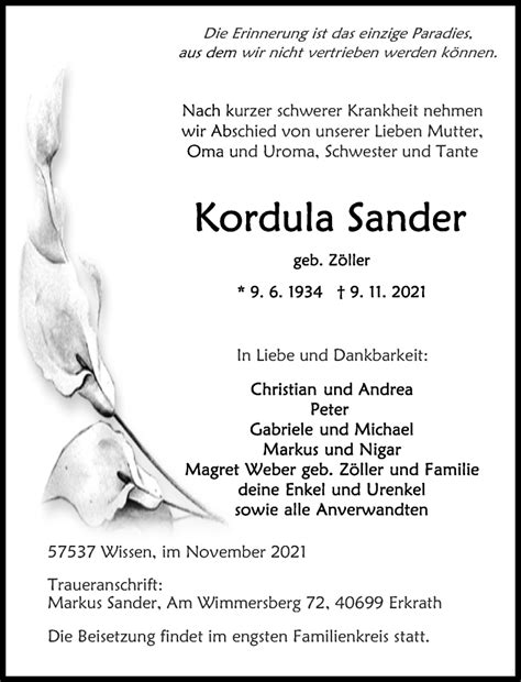 Traueranzeigen Von Kordula Sander Rz Trauer De