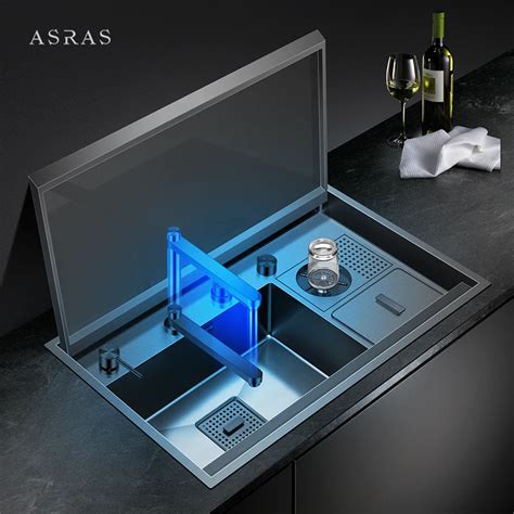 Asras Nanometer Black Flip Cover Hidden Kitchen Sink Stainless