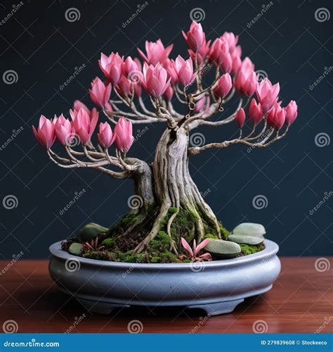 Red Magnolia Bonsai Tree A Popular Choice For Interior Space Stock