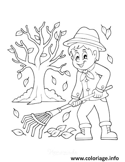 Coloriage Ramasser Les Feuilles Automne Avec Un Rateau Jecolorie