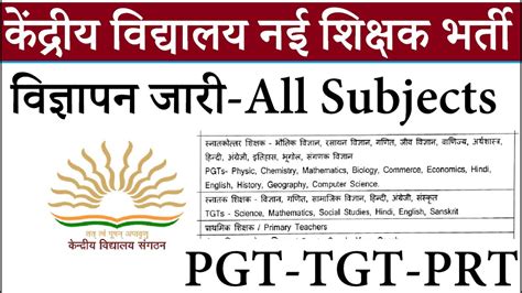 Kvs New Teachers Vacancy Ii Kendriya Vidyalaya Prt Tgt Pgt