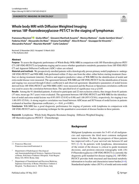 Pdf Whole Body Mri With Diffusion Weighted Imaging Versus 18f