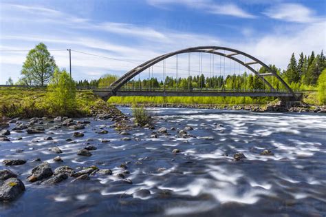 Sweden Norrbotten County River Slagnas And Burmabron Bridge In Summer