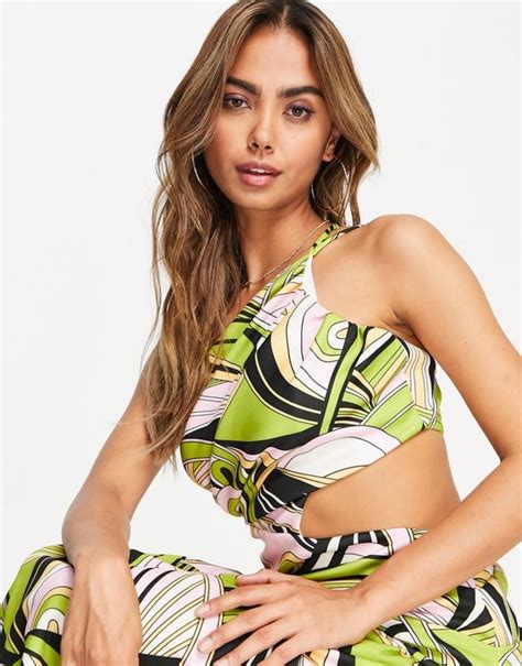 Asos Design Asymmetric Cut Out Midi Prom Dress In Retro Swirl Print Multi