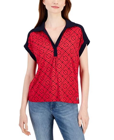 Tommy Hilfiger Womens Geometric Print Johnny Collar Top Macys