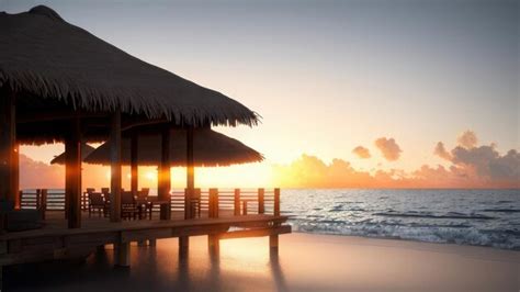 Premium AI Image | A sunset view of a restaurant on the beach