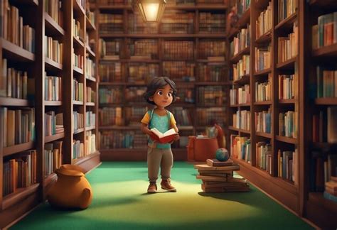 Premium Photo | Kid cartoon character reading books in the library