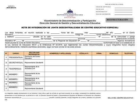 Acta De Integracion Junta Educativo Especial Restructuracion