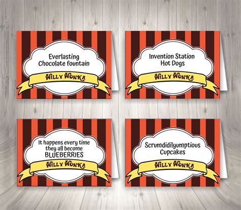 Willy Wonka Food Tent Cards Food Tent Labels Food Labels Instant Download Printable Willy Wonka