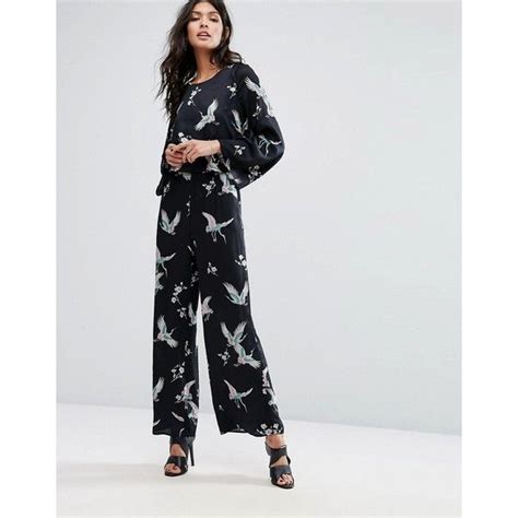 Mango Bird Print Wide Leg Jumpsuit Liked On Polyvore Featuring