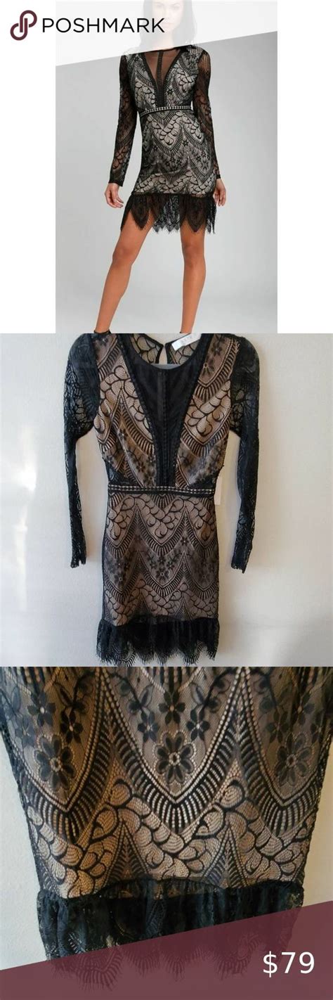 Chelsi Black And Nude Lace Long Sleeve Bodycon Dress Size Xs Lace