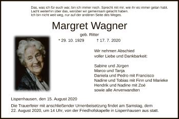 Traueranzeigen Von Margret Wagner Trauer Hna De