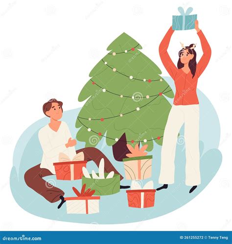 Cartoon Christmas Eve, Winter Holiday Celebration People. Xmas Party
