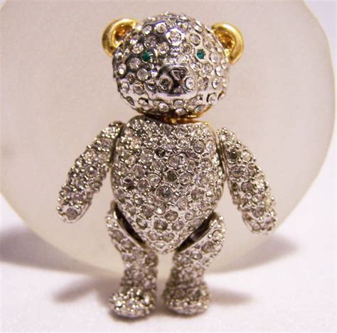 Rhinestone Teddy Bear Brooch Pin Fully Jointed Gold And Silver Etsy