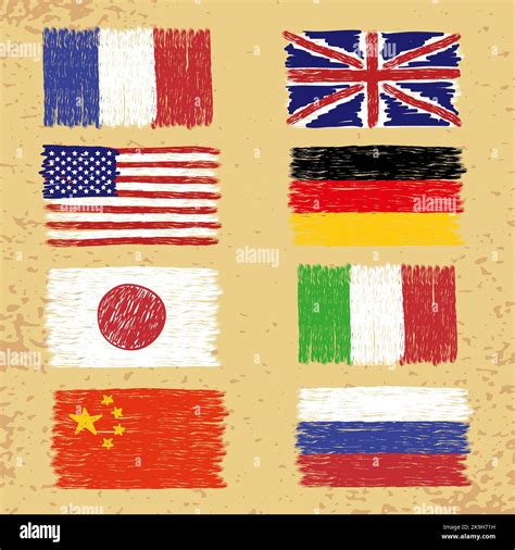 Set Of Hand Drawn World Flags Vector Grunge Illustration Stock Vector