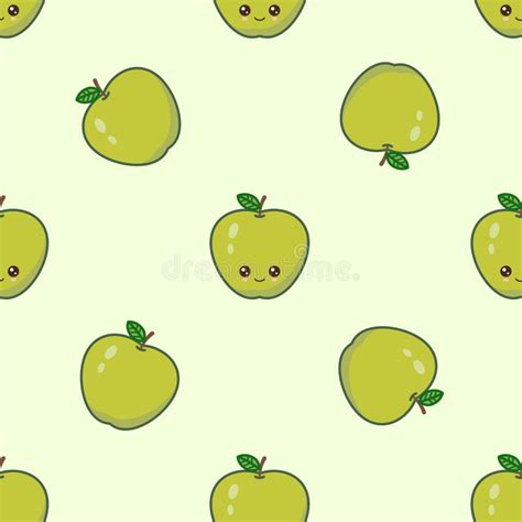 Kawaii Green Apple Pattern At Green Background Stock Vector