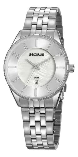 Reloj Seculus Con Calendario Original Plateado Grande Para Mujer