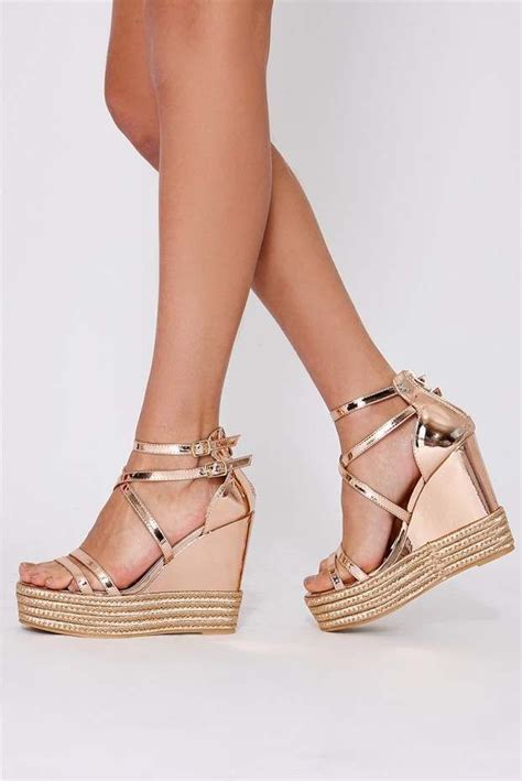 Rose Gold Chrome Faux Leather Wedges Gold Wedge Shoes Womens Sandals