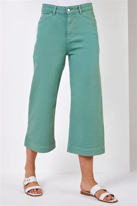 Wide Leg Stretch Denim Culottes In Sage Roman Originals Uk