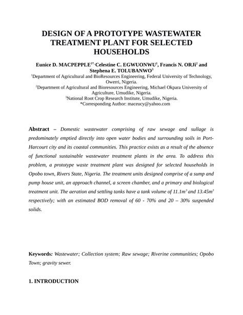 (PDF) Prototype Design of a Wastewater Treatment Plant for Selected Households