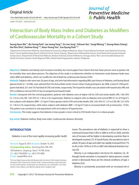 Pdf Interaction Of Body Mass Index And Diabetes As Modifiers Of